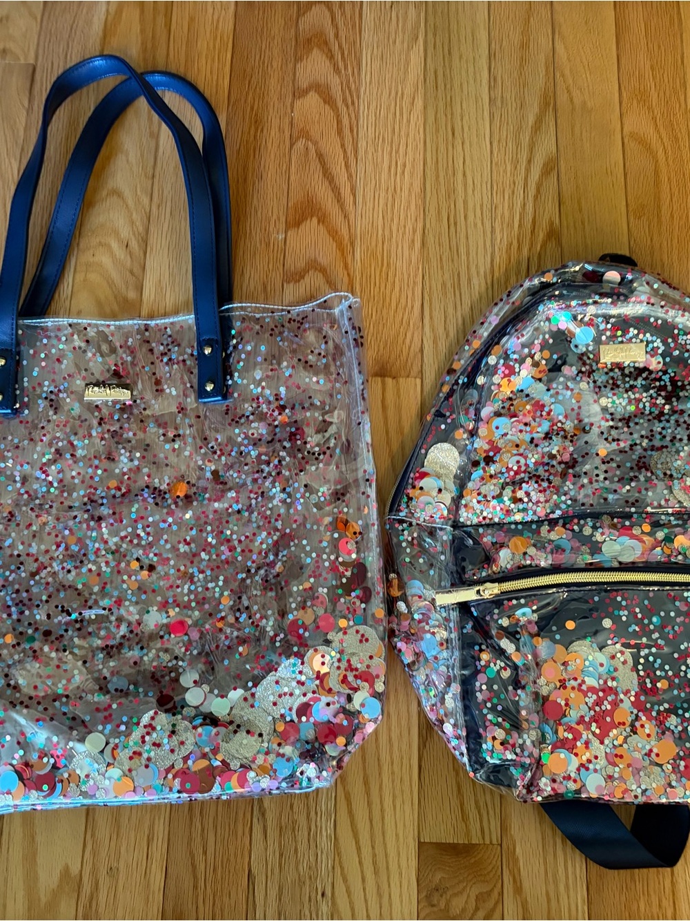 Packed Party Clear Confetti Tote and backpack with Navy Handles and straps